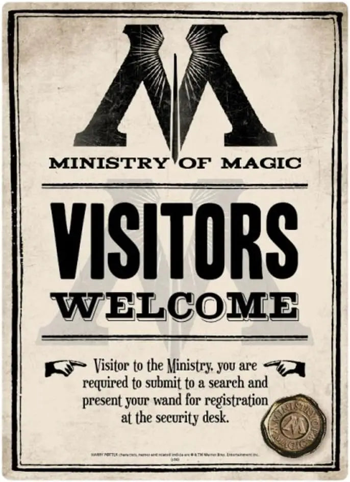 Placa Metálica Retrô — Ministério da Magia Visitors Welcome